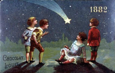 Chromolithografie Chocolat Louit uit 1882. Kinderen doen een wens bij het verschijnen van de ster door Unknown artist
