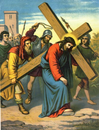 Chromolithografie van het einde van de 19e eeuw die het leven van Christus uitbeeldt: Jezus draagt zijn kruis door Unknown artist