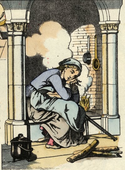 Assepoester droomt van een beter leven bij de keukenhaard. Illustratie van het sprookje van Charles Perrault 
