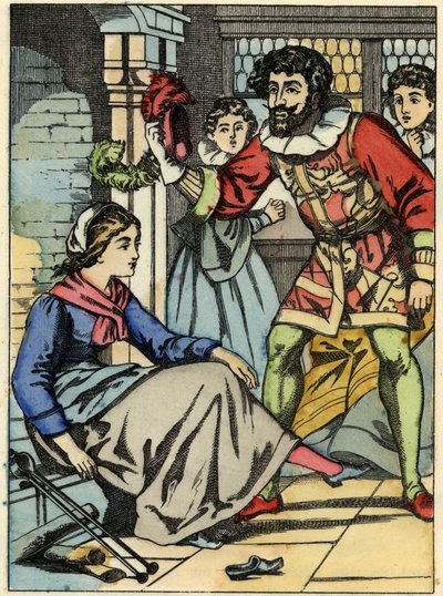 Assepoester past het glazen muiltje gevonden door de prins. Illustratie van Charles Perraults verhaal 