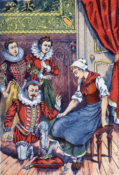 Assepoester past de schoen. Anonieme illustratie voor 