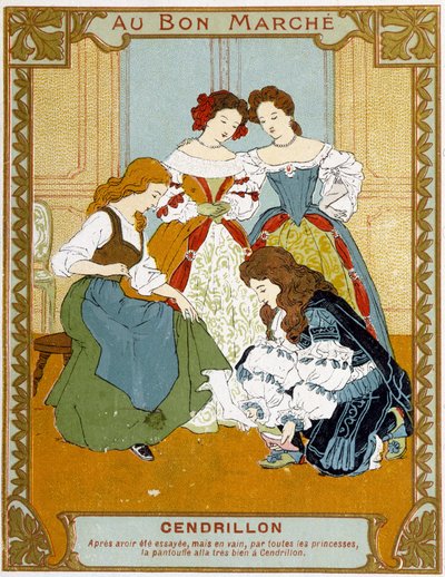 Assepoester past de glazen muiltje - Bon Marché reclame-etiket door Unknown artist