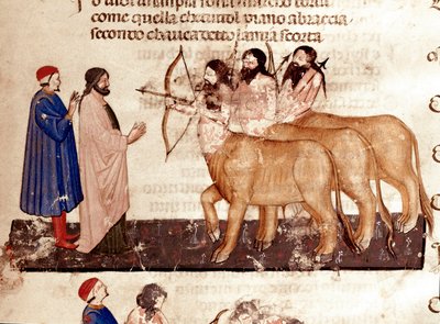 Cirkel van Gewelddadigen: Dante en Virgil ontmoeten Centauren gewapend met bogen en pijlen. Verluchte pagina die het 7e lied van de Hel uit de 