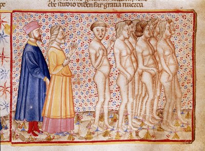 Cirkel van gewelddadigen tegen God, natuur en kunst: Dante en Virgil ontmoeten godslasteraars. Verlichte pagina die een lied van de Hel illustreert uit de 