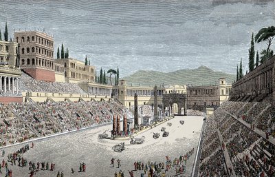 Circus Maximus - Het grote circus of Circus Maximus, in Rome, met een wagenrace - Kleurgravure door Unknown artist