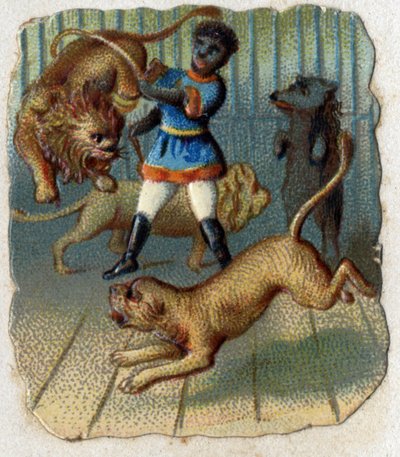 Circus: een temmer in een kooi met wilde dieren door Unknown artist