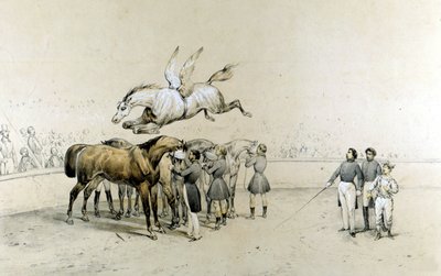 Circusshow: een gevleugeld paard springt over drie geblinddoekte paarden door Unknown artist