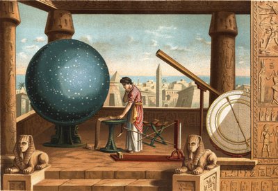 Claude Ptolemaeus (ca. 100 - ca. 170), Griekse geleerde en astronoom, in het Alexandrijnse Observatorium (Egypte). Barcelona 1877. door Unknown artist