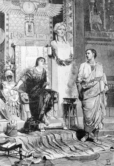 Cleopatra (69 v.Chr. - 30 v.Chr.), Koningin van Egypte en Octavianus, kwam met haar praten na de nederlaag van Actium en de dood van Marcus Antonius. Gravure uit de 19e eeuw. Storia d