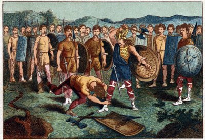 Clovis (465-511) en de Frankische krijger die de Vaas van Soissons brak in 486 - Clovis I schiet de soldaat neer die de Vaas van Soissons had gebroken, in 486. Chromolithografie van de 19e eeuw door Unknown artist