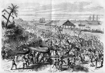 Cochinchina: jaarlijkse drakenprocessie georganiseerd door de congregatie van Saigon in 1865. door Unknown artist