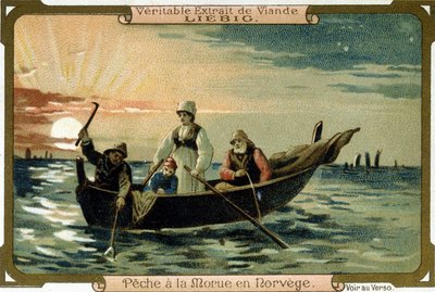 Kabeljauwvisserij in Noorwegen. Verpakking van Liebig producten door Unknown artist