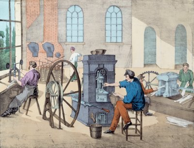 Muntproductie: arbeiders werken in een fabriek in verschillende stadia, gieten en slaan van munten. Gravure uit de 19e eeuw Parijs, decoratieve kunsten door Unknown artist