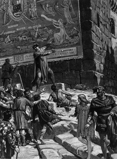 Cola di Rienzo (1314-1354), in de campagne om tribuun van het Romeinse volk te worden, legt de mensen van Rome de fresco