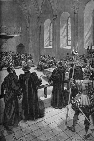 Colloquium van Poissy (1561). Toespraak van de Zwitserse calvinist Théodore de Bèze (1519-1605) (midden, achter), hoofd van de protestantse delegatie door Unknown artist