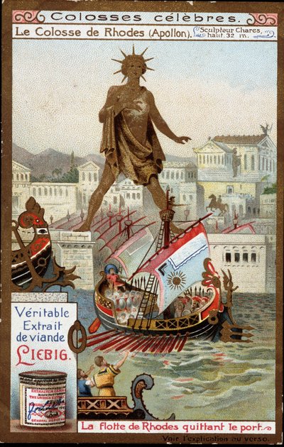 Beroemde kolossen: de Kolossus van Rhodos (Apollo, Helios) (hoogte 32 meter), de beeldhouwer Chares de Lindos (4e eeuw v.Chr.); de vloot van Rhodos verlaat de haven (Griekenland) - Liebig chromolithografie door Unknown artist