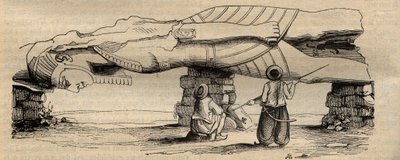 Kolossus van Ramses II gevonden in 1820, nabij de zuidelijke poort van de tempel van Ptah, door de Italiaanse reiziger Giovanni Battista Caviglia - gravure van 1838. door Unknown artist