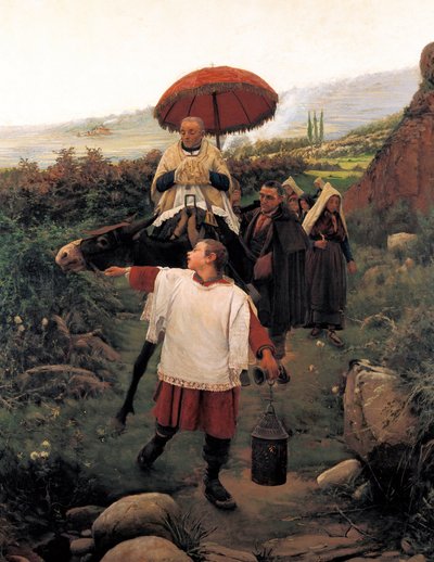 "Combregar a Muntanya" Religieuze processie in een berg. Schilderij door Mariano Vayreda Vila (1853-1903). Spanje, Olot. Garrotxa Regionaal Museum. door Unknown artist