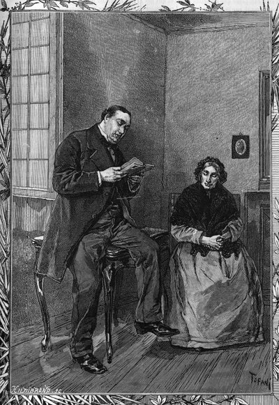 Komiek Moessard leest voor aan zijn vrouw. Gravure in het illustere tijdschrift 