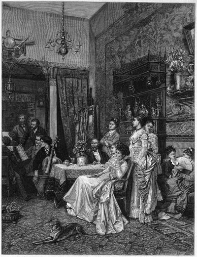 Concert van amateurs in een kunstenaarsatelier. Reproductie van een schilderij door Adrien Moreau (1843-1906) gepresenteerd op de Salon van 1873 door Unknown artist