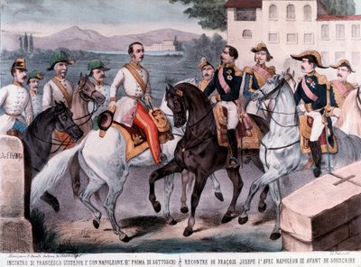Conferentie van Villafranca, ontmoeting tussen de Franse keizer Napoleon III en keizer Frans Jozef I, over de voorlopige vrede met Oostenrijk (1859) door Unknown artist