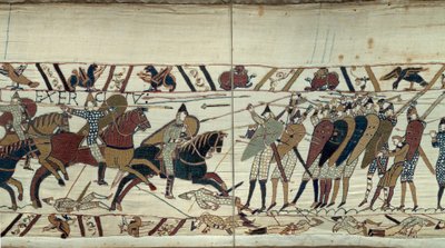 Verovering van Engeland door Willem de Veroveraar in 1066, gevechtsscène tussen de Normandische cavalerie en de Saksische infanterie van koning Harold II van Engeland (detail van het Tapijt van Bayeux) door Unknown artist