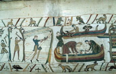 Verovering van Engeland door de Hertog van Normandië Willem de Veroveraar (1027-1087): bouw van de Normandische vloot (detail) door Unknown artist