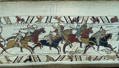 Verovering van Engeland door de hertog van Normandië Willem de Veroveraar in 1066: de Normandische cavalerie chargeert in de Slag bij Hastings (Detail van het Tapijt van Bayeux) door Unknown artist