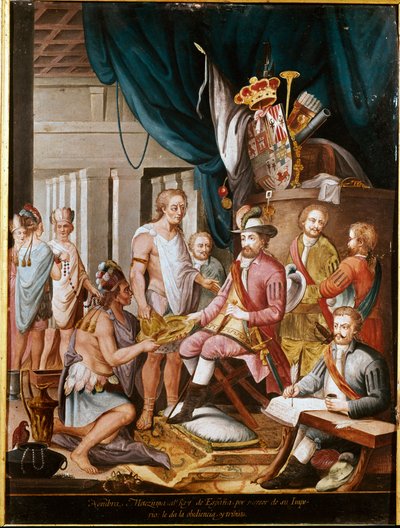 Verovering van Mexico: Montezuma (of Moctezuma II), Azteekse keizer (1466-1520) biedt geschenken aan de conquistador Hernan Cortez (of Cortes) (1485-1547) en zweert trouw aan het Koninkrijk Spanje door Unknown artist