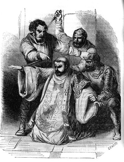 Samenzwering tegen Karel de Grote, 792: een heer verrast het gesprek tussen samenzweerders die de moord op de koning van de Franken plannen. Onder hen, Pepijn de Gebochelde (769-811), zoon van Karel de Grote. Gravure uit de 19e eeuw. door Unknown artist