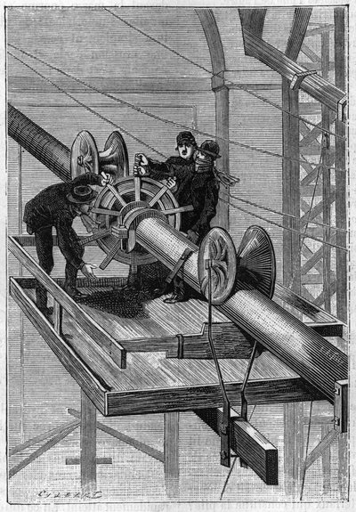 Bouw van de Brooklyn Bridge in New York: Machine gebruikt om de 19 secundaire kabels met helix-staaldraad tot een enkele kabel te bundelen. Gravure uit 1883. door Unknown artist