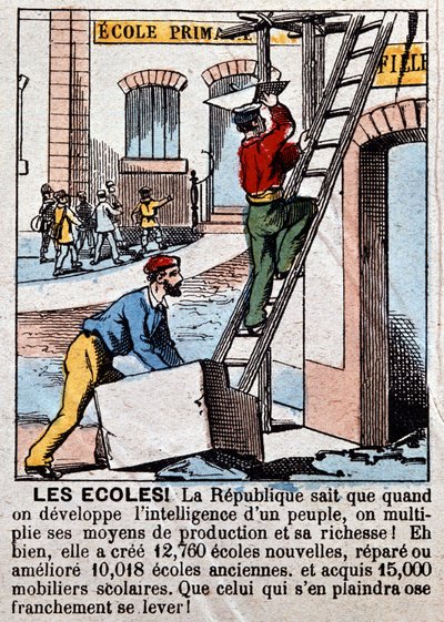 Bouw van scholen door arbeiders - in "Le Figaro", maart 1889 door Unknown artist