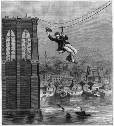 Bouw van de Brooklyn Bridge in New York: de heer Farrington, hoofdmonteur van de bouw, beweegt zich van de ene paal naar de andere met behulp van de eerste gespannen draad (25 augustus) door Unknown artist