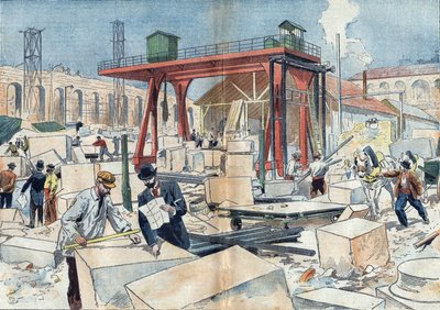 Bouw van het Grand Palais, in Parijs in 1898, ter gelegenheid van de Wereldtentoonstelling van 1900. In het midden, het diamanten wiel om stenen te snijden. Illustratie in 