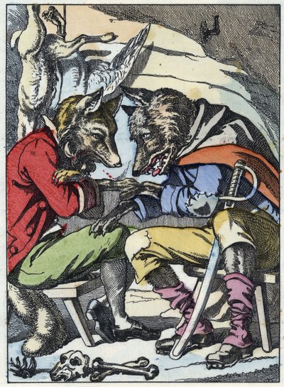 Gesprek tussen de wolf en de vos. Illustratie van het sprookje 