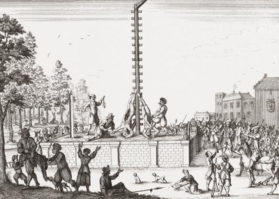 Lijken van Johan en Cornelis de Witt hangend aan galgen door Unknown artist