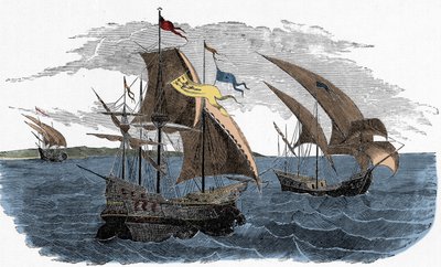 Vloot van Cortez zeilt naar Mexico - Spaanse kolonisatie van Amerika: de vloot van Hernan Cortes (circa 1485-1547) zeilt naar Mexico door Unknown artist