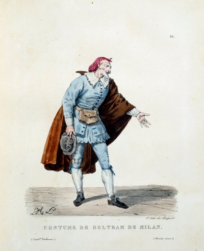Kostuum van Niccolo Barbieri, bekend als Beltrame van Milaan (overleden 1641) in 1600. Kostuum van de Italiaanse komedie (commedia dell