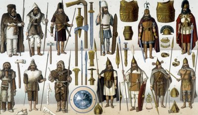 Kostuums, harnassen en wapens van barbaarse krijgers door Unknown artist