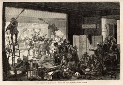 Coulies (dienaren) die een groot huis schoonmaken, voor de voorbereidingen voor het nieuwe jaar, dit huishouden eindigt met vrolijke en groteske manifestaties: verwijdering van degene die zijn taak slecht heeft uitgevoerd. Gravure ter illustratie van de re door Unknown artist