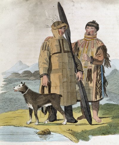 Koppel uit een Russische provincie en hun hond - gravure door Unknown artist