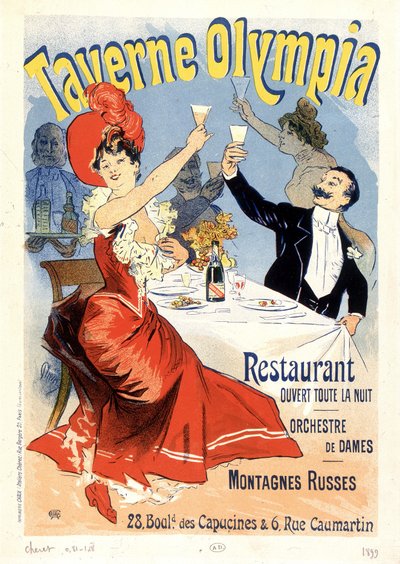 Koppel proost met champagne - Reclameposter voor de Tavern Olympia, door Jules Cheret, eind 19e eeuw door Unknown artist