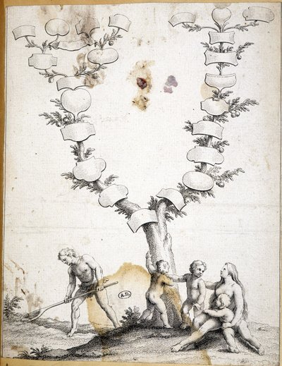 Koppel met kinderen aan de voet van een maagd stamboom - gravure door Unknown artist