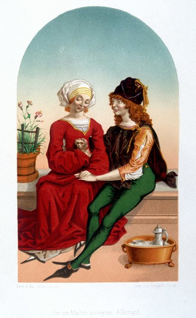 Hoffelijke liefdesscène in de Middeleeuwen. College - 19e-eeuwse imitatie door Unknown artist