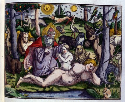 Schepping: God afgebeeld omringd door mensen en dieren (hond, kraanvogel, leeuw, hert, bever, aap, eenhoorn, wild zwijn, papegaaien, konijn...), volgens Historiae animalium door Konrad Gesner, Tiguri door Unknown artist