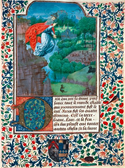 Schepping, de zevende dag: de Schepper vliegt over zijn werk. Landschap met dieren. Miniatuur uit het Getijdenboek van de Gravin van Bretiandos door Unknown artist