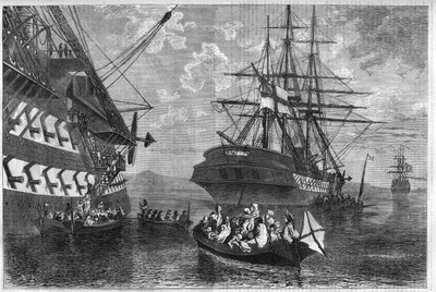 Kretenzische opstand van 1866-1869: Kretenzische families zoeken asiel op schepen van neutrale mogendheden. Gravure in L