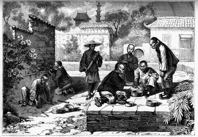 Kriketgevecht in Peking, China. Gravure in 