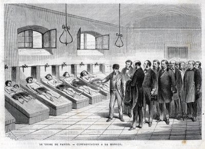 Misdaad van Pantin in oktober 1869. Confrontatie in het mortuarium. gravure van 1869 door Unknown artist
