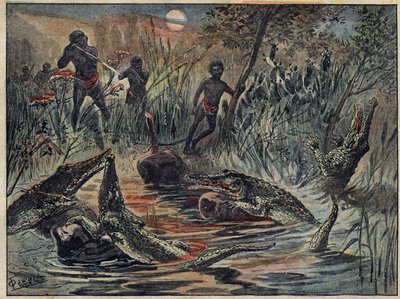 Krokodillenjacht in Niger met een kind als aas. Illustratie in "Le Pelerin" van 4 december. door Unknown artist